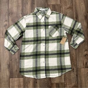 Eden & Olivia Plaid Flannel Olive Ivory Button Up Shirt Women's Size L